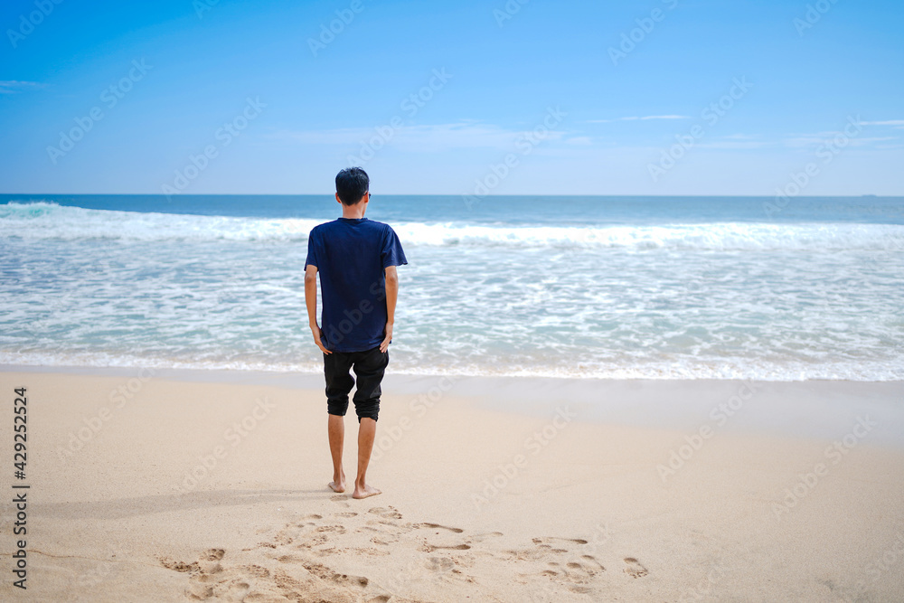 a man in a blue shirt, looking at the sandy beach in need, beautiful and clean