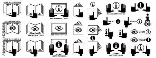 Concept for packaging. Marking - additional information on products for familiarization before starting to use. Symbol - read the insert instructions. Instruction icon with gesture and eye. Vector.