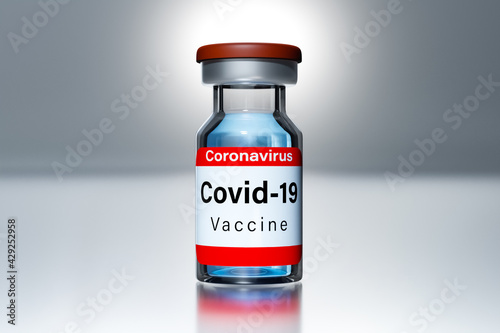 3d rendering of Covid-19 coronavirus vaccine vial on white studio background.