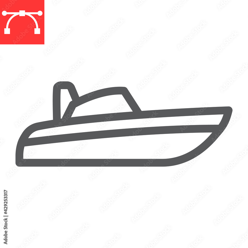 Speedboat line icon, motor boat and beach, motorboat vector icon, vector graphics, editable stroke outline sign, eps 10 Speedboat line icon, motor boat and beach, motorboat vector icon, vector graphics, editable stroke outline sign, eps 10