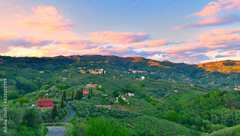 view of the beautiful countryside of the Valdinievole from the Buggiano Castle in the town of Pistoia in Tuscany, Italy