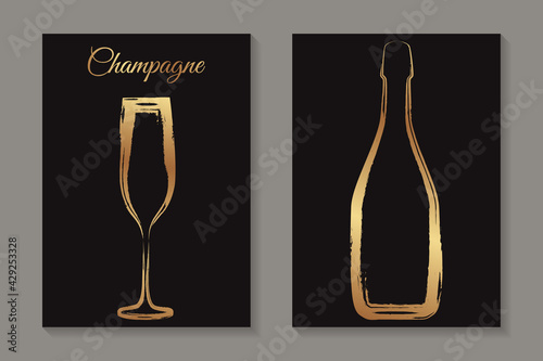 Modern abstract luxury card templates for tasting invitation or bar and restaurant menu or banner or logo with golden champagne drinking glass and bottle in grunge style on a black background.