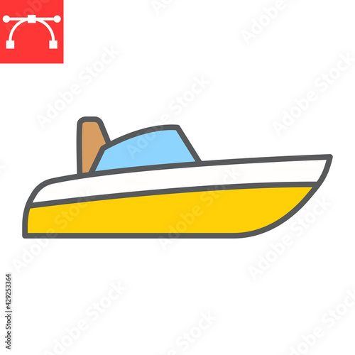Speedboat color line icon, motor boat and beach, motorboat vector icon, vector graphics, editable stroke filled outline sign, eps 10