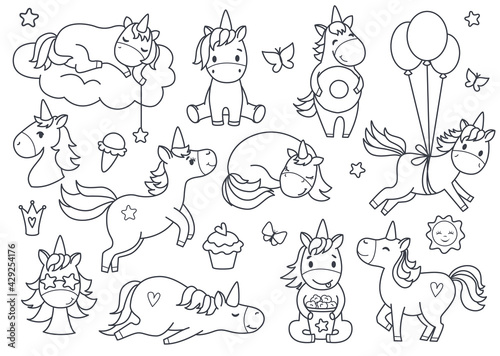 Cute unicorn set. Kids coloring page. Hand drawn vector illustration. Black and white clip art.