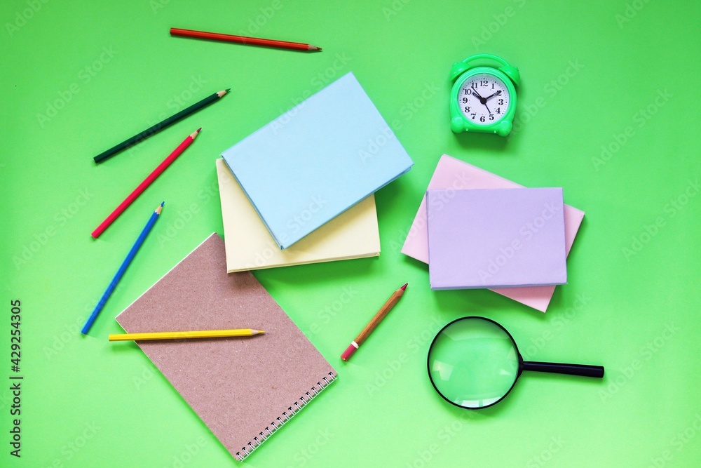 Stationery, books on bright background, top view, learning concept, back to school Stationery, books on bright background, top view, learning concept, back to school
