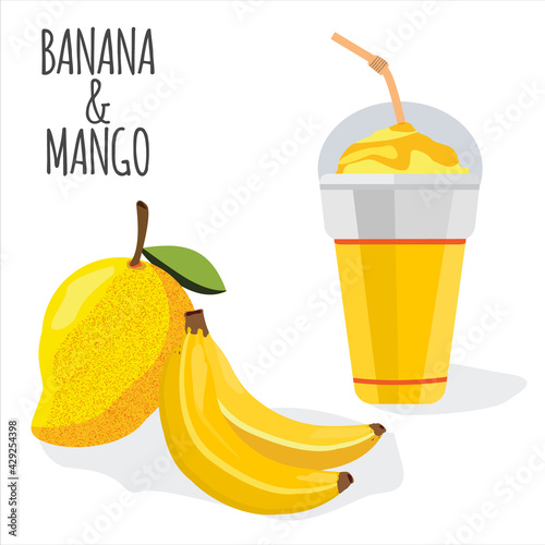 Vector illustration of mango and banan fruits and glass of juice or smothie.
