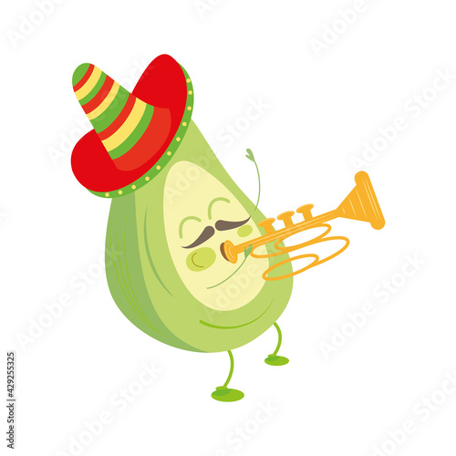 Cartoon mexican trumpeter avocado. Cinco de mayo - VEctor