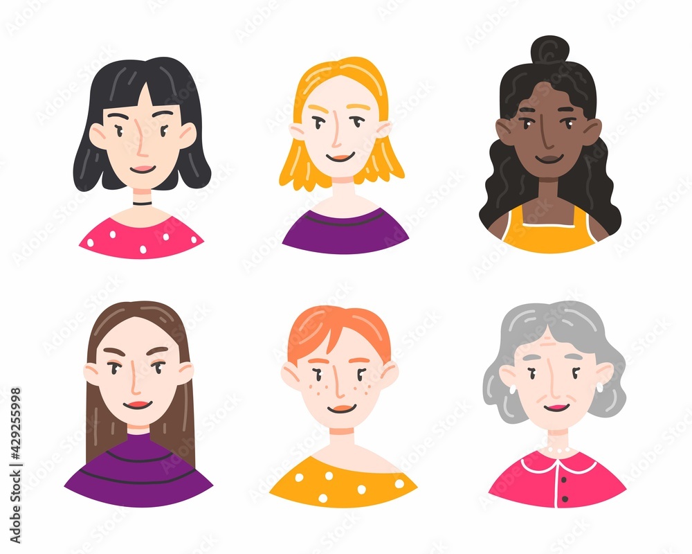 A set of portraits of different women and girls in a cute cartoon style on a white background. Collection of avatars of people. Women's faces. Vector illustration. A set of portraits of different women and girls in a cute cartoon style on a white background. Collection of avatars of people. Women's faces. Vector illustration.