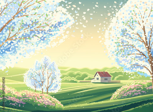Spring rural landscape with flowering fruit trees and a lonely house in the background
