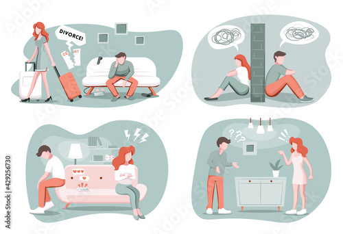 Divorce, breakup, separation concept set. Depressed man and woman divided by stone wall, married couple having relationship problem, vector illustration in flat style