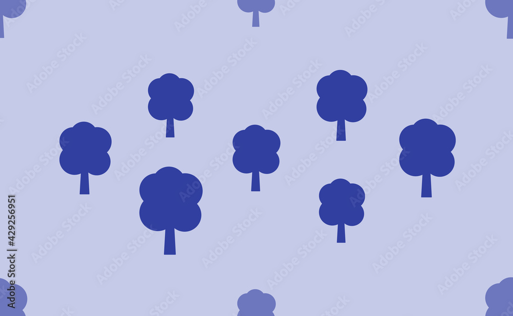Seamless pattern of large isolated blue tree symbols. The pattern is divided by a line of elements of lighter tones. Vector illustration on light blue background