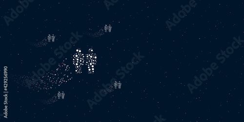Fototapeta Naklejka Na Ścianę i Meble -  A man with man symbol filled with dots flies through the stars leaving a trail behind. There are four small symbols around. Vector illustration on dark blue background with stars