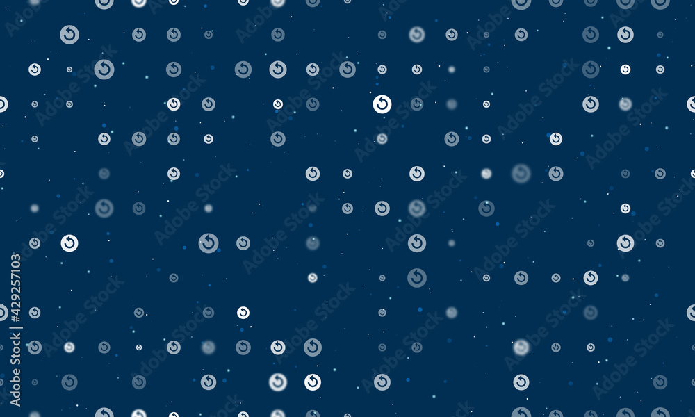 Seamless background pattern of evenly spaced white replay media symbols of different sizes and opacity. Vector illustration on dark blue background with stars