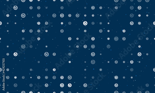 Seamless background pattern of evenly spaced white replay media symbols of different sizes and opacity. Vector illustration on dark blue background with stars