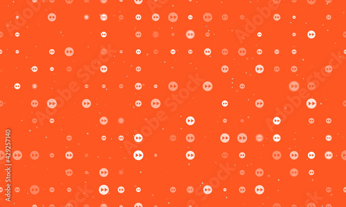 Seamless background pattern of evenly spaced white fast forward symbols of different sizes and opacity. Vector illustration on deep orange background with stars