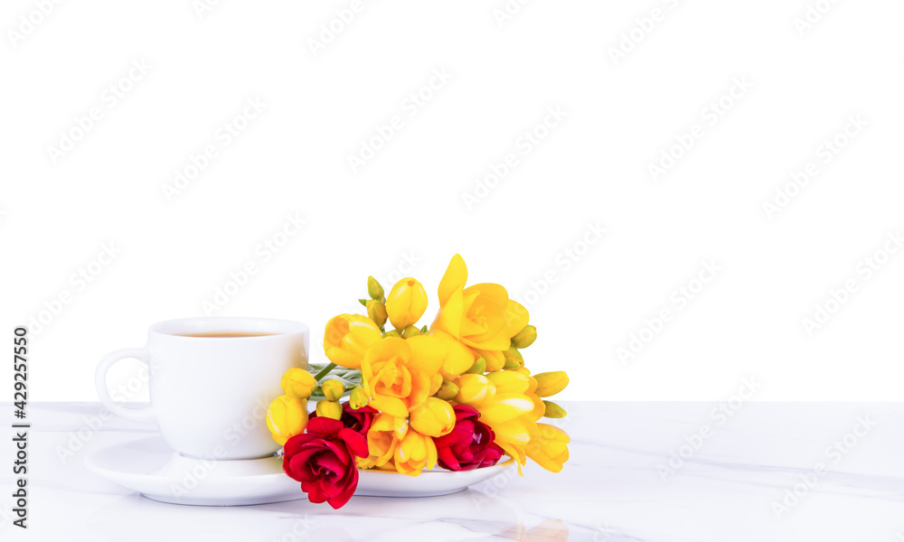 Banner with coffee cup. Morning coffee and flowers on a white background.