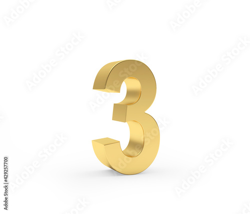 Number three is made of gold metal on a white background. 3d illustration 