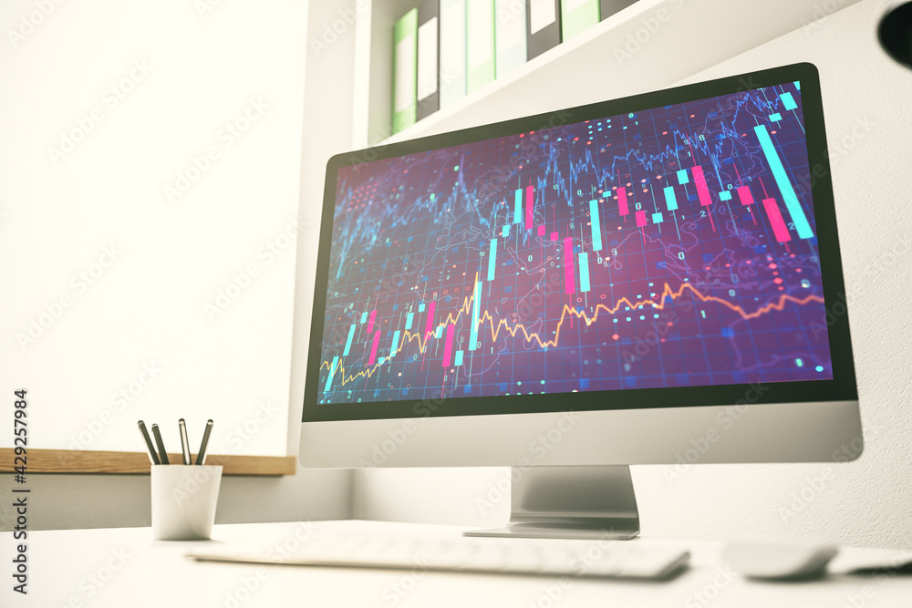 Abstract creative financial diagram on modern computer monitor, banking and accounting concept. 3D Rendering Abstract creative financial diagram on modern computer monitor, banking and accounting concept. 3D Rendering