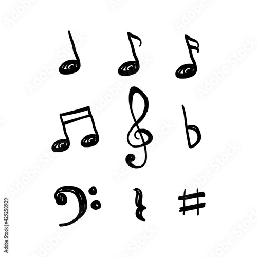 Music notes hand drawn vector design isolated on white background. Set of music notes icon design in doodle style