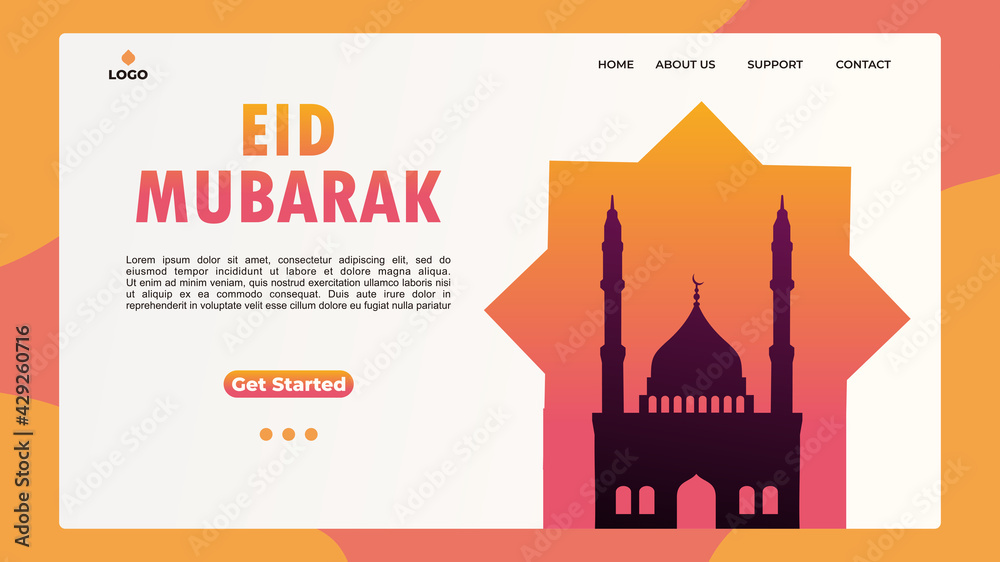 EID MUBARAK greeting concept with web landing page template, banner, presentation, social, and print media. islamic eid fitr or adha flat design vector illustration.