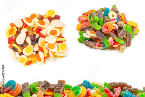 Assorted gummy candies. Top view. Jelly sweets.