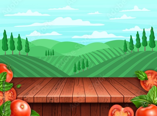 Realistic Detailed 3d Tomato and Rural Landscape Scene Concept Background Card. Vector