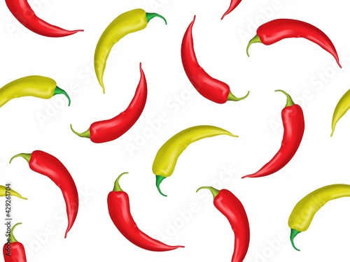 Realistic Detailed 3d Colorful Peppers Seamless Pattern Background. Vector