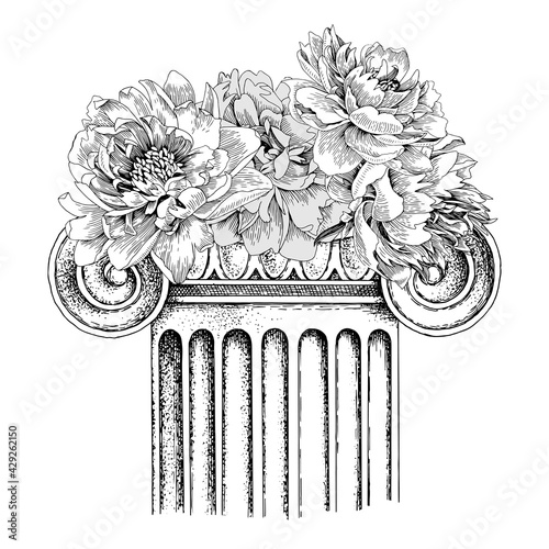 Classic antique marble column with flowers