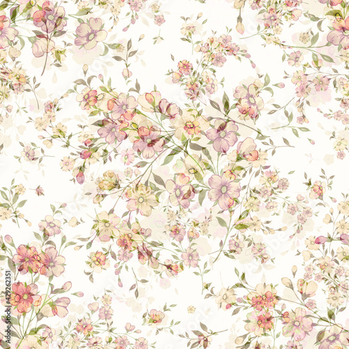  Watercolor seamless hand drawn pattern with beautiful wildflowers