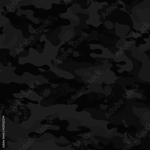  Black camouflage seamless pattern with skulls, trendy night texture for printing.