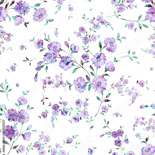  Watercolor seamless hand drawn pattern with beautiful wildflowers