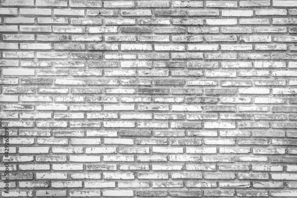 Fototapeta premium Old black and white color vintage brick wall surface texture. Dirty brick wall with lichen fungus and water stain.