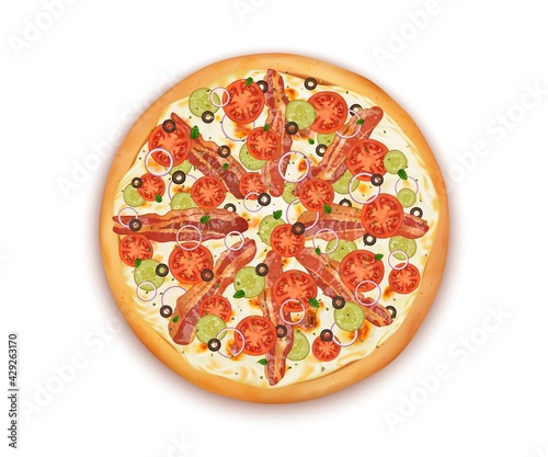 Realistic Detailed 3d Top View of Delicious Pizza. Vector