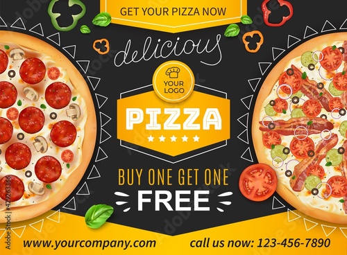 Realistic Detailed 3d Pizza Ads Banner Concept Poster Card. Vector