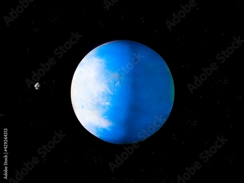 Blue planet in space, super-earth planet, realistic exoplanet, planets background 3D illustration