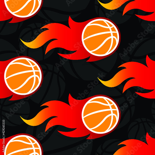 Seamless vector pattern with burning basketball ball