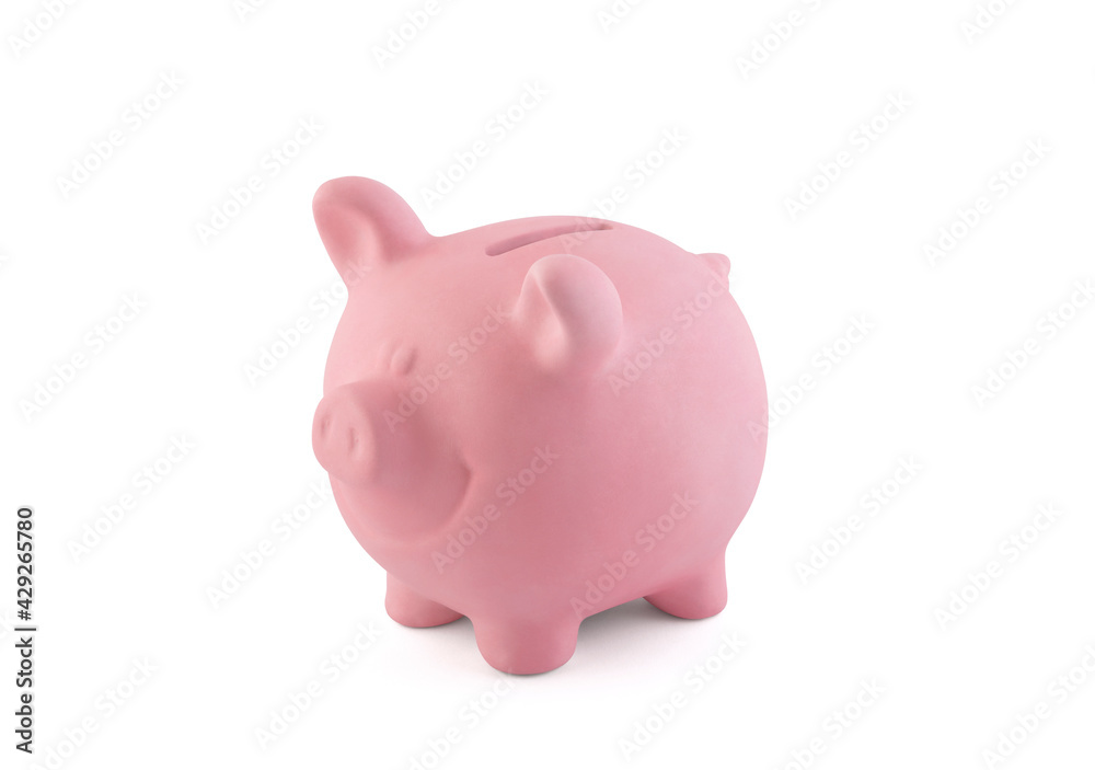 Happy pink piggy bank isolated on white with clipping path