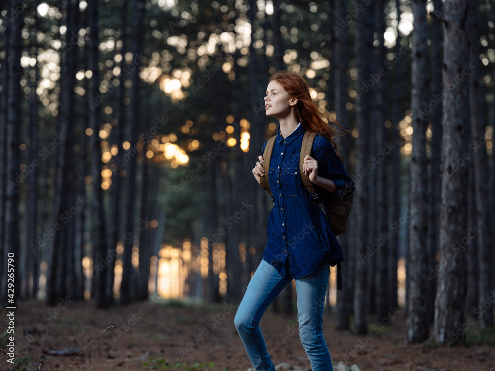 Woman travel Among trees in the forest in autumn and sunset in the background Woman travel Among trees in the forest in autumn and sunset in the background