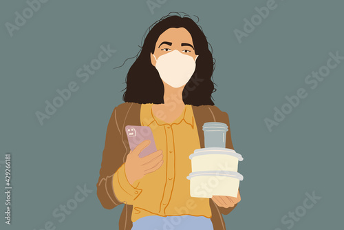 Pretty woman in protective facial mask took the order of takeaway food and phone. Wireless payment and healthy food to go. Flat style. Vector illustration.