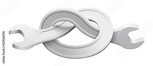 Wrench bent into a knot. Twisted spanner repair tool. Symbol of physical strength. Realistic isolated vector illustration.