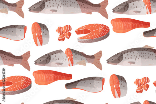 salmon seamless pattern, red fish cut in half, cut slices and fillet vector illustration in cartoon style
