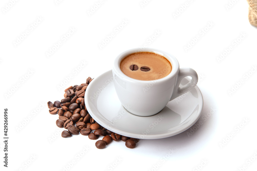 cup of coffee and coffee beans isolated on white background cup of coffee and coffee beans isolated on white background