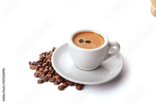 cup of coffee and coffee beans isolated on white background 