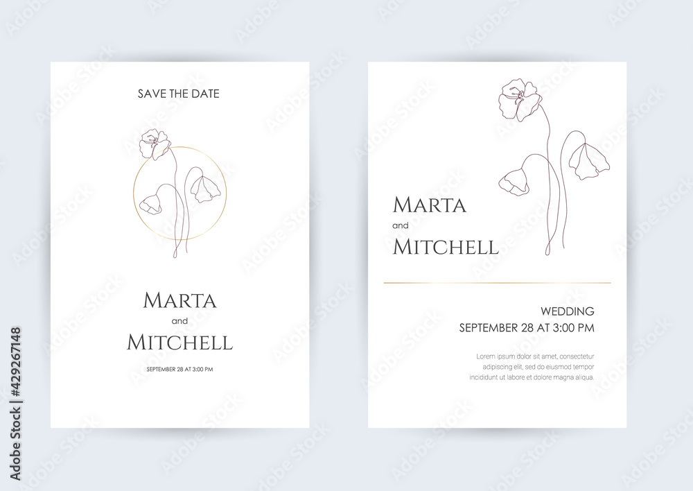 Minimalist wedding invitation card template design, golden line art drawing with triangle frame. Good for poster, card, invitation, flyer, cover, banner, placard, brochure and other graphic design.