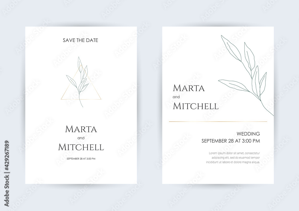 Minimalist wedding invitation card template design, golden line art drawing with triangle frame. Good for poster, card, invitation, flyer, cover, banner, placard, brochure and other graphic design.