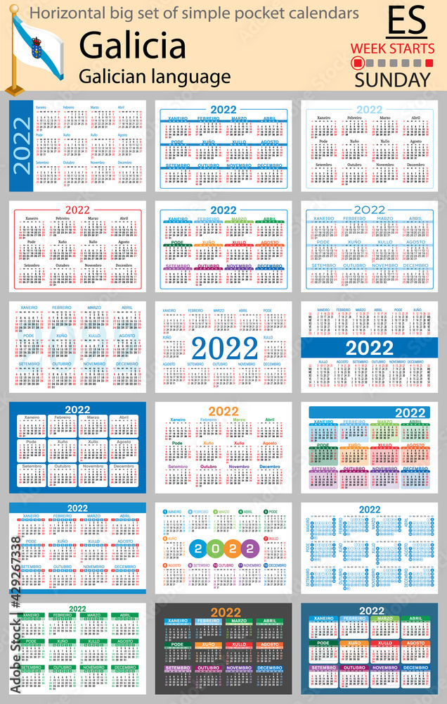 Galician horizontal pocket calendars for 2022. Week starts Sunday Galician horizontal pocket calendars for 2022. Week starts Sunday