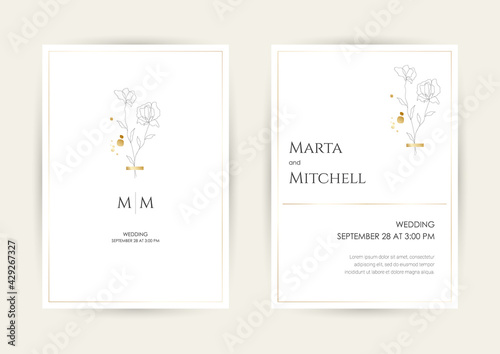 Minimalist wedding invitation card template design, golden line art drawing with triangle frame. Good for poster, card, invitation, flyer, cover, banner, placard, brochure and other graphic design.