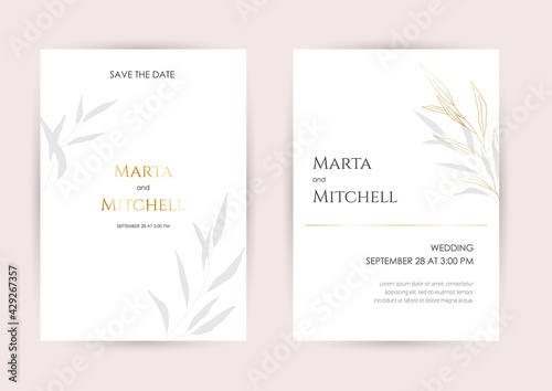 Minimalist wedding invitation card template design, golden line art drawing with triangle frame. Good for poster, card, invitation, flyer, cover, banner, placard, brochure and other graphic design.