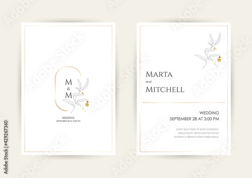 Minimalist wedding invitation card template design, golden line art drawing with triangle frame. Good for poster, card, invitation, flyer, cover, banner, placard, brochure and other graphic design.