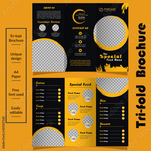 Unique tri-fold restaurant brochure vector template